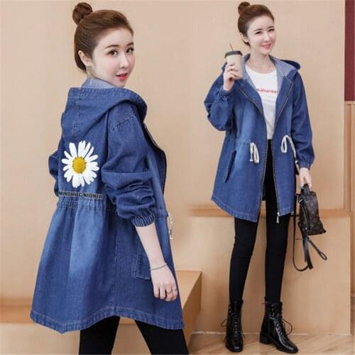 Oversized 5XL Women Hooded Denim Windbreaker Coat 2021 Spring Autumn Vintage Zipper Back Print Jeans Jacket Female Casual Tops