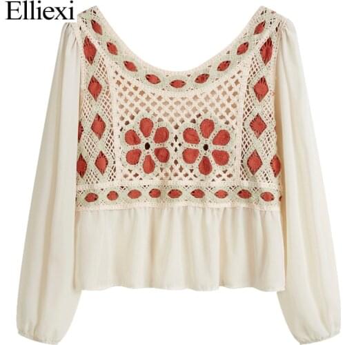 Elliexi Vintage Hollow Out Women Shirt Blouse Autumn Lace Casual Loose Shirts Embroidery Chiffon Blouse Top Shirt Offie Lady Top