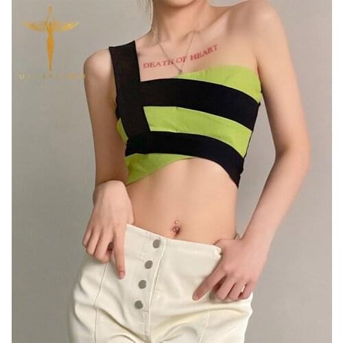Green Patchwork Camis Womens Crop Tank Sexy One-Shoulder Tank Vests Harajuku Summer Hollow Vest Tops Bodycon Slim Crop Top Femme