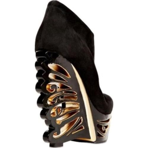 Black Suede Strange Style Hollow Out Heels Platform Thick Sole Ankle Boots Woman 14 cm Wedge Heel Round Toe Zipper Side Booties