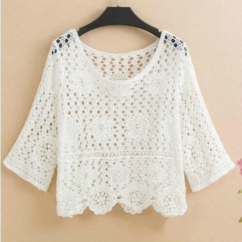 Women Hollow Out Knitted Sweater Spring Autumn O-neck Half Sleeve Sweater Casual Loose Lace Pullover Sweater Tops