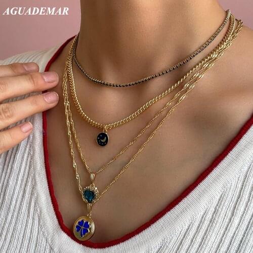 2021 New Gold Color Metal Long Chain Necklace Jewelry Women Cute Enamel Crystal Heart Coin Charms Twisted Chain Necklaces Trendy