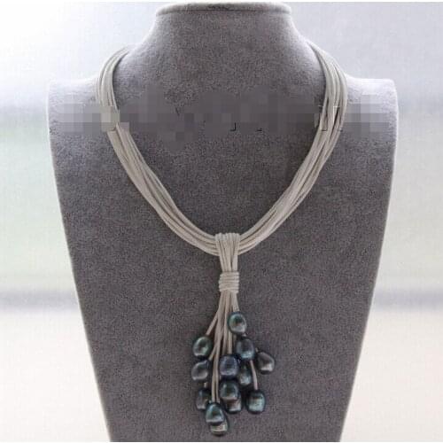 Choker 16" 15row 14mm peacock black pearls white leather Pendant necklace Noble style Natural Fine jewe