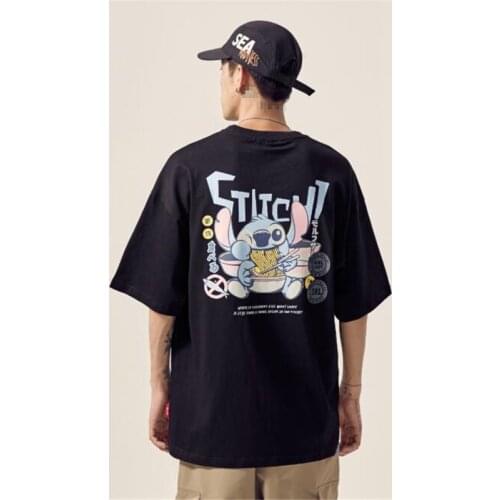 Disney T-Shirt Lilo Stitch Summer Short Sleeve Mens Tshirt Harajuku Kawaii Cartoon Print Tops Fashion Male Clothes Casual Tees