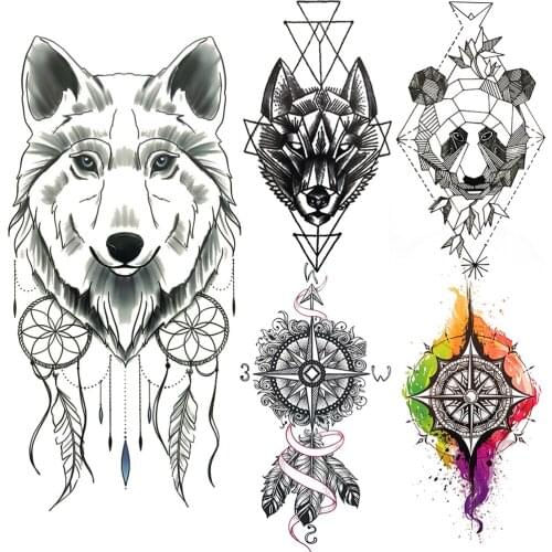 Geometric Wolf Temporary Tattoo For Men Women Pandas Dreamcatcher Fake Tattoos Sticker Compass Black Henna Feather Tatoos Hands