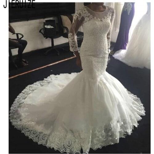 JIERUIZE Luxury Mermaid Wedding Dresses Sheer O Neck Illusion 3/4 Sleeve Lace Appliques Beaded Wedding Gowns vestido de noiva
