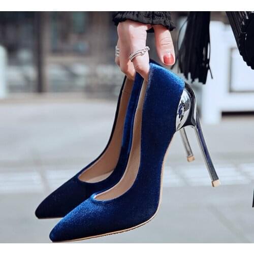 KALMALL Blue Pink Velvet Women Single Shoes Pointed Toe Stiletto Heels Women Pumps Metal Heels Slip-On Dress Shoes Zapatos Mujer