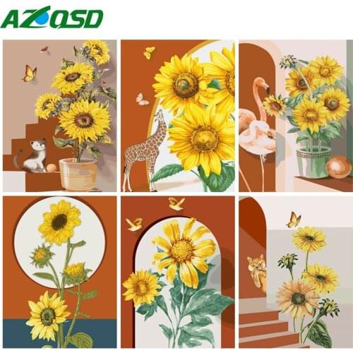 AZQSD Oil Painting By Numbers Flower On Canvas With Frame Drawing Paints For Adults Picture Coloring By Number Sunflower