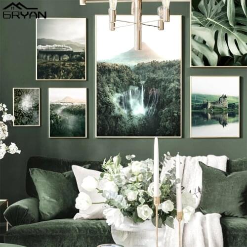 Nordic Landscape Painting Jungle Waterfall Forest Lake Castle Mountain River Tree Canvas Prints Poster Retro Train Picture Decor