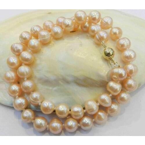 Classic 8x9mm pink freshwater pearl choker Necklace round gold clasp Woman Jewelry 35-43cm 14-17