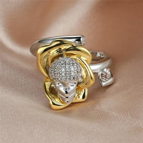 Hip Hop Punk Skull Flower Ring Yellow Gold Silver Color Engagement Ring Vintage White Crystal Wedding Rings For Women Jewelry