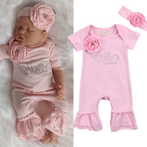Fashion Toddler Baby Girls Lovely Long Sleeve O-Neck Covered Button Cotton Floral Print Pink Romper Headband 2PCS Outfit 0-18M