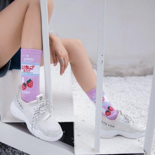 Creative women Funny Socks Happy Cotton Colorful Fun Socks Unisex printing Milk Strawberry Pattern Crew Socks