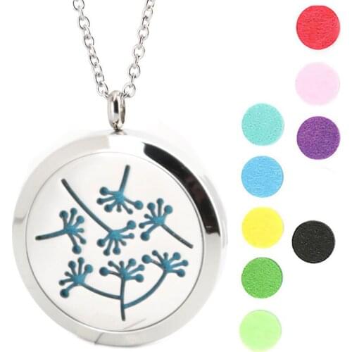 10pcs 30mm Round Silver Dandelion Aromatherapy Oils Stainless Steel Perfume Diffuser Locket Necklace Pendant