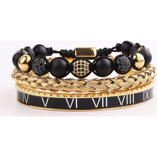 High Quality Men Jewelry Gold Stainless Steel Roman Cuff Bangle Natural Stone Macrame Bracelet Set Men