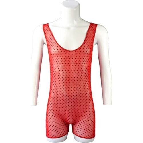 Sexy Men Sheer Red Net Yarn Leotard Bodysuit Teddies Black Poka Dot Body Harness Teddy Sissy Costume Night Club Pole Dance Wear