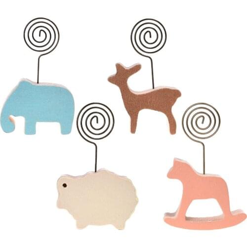 Set of 4PCS Wood Base Cute Animal Memo Clips Place Card Holder Tabletop Photo Holders