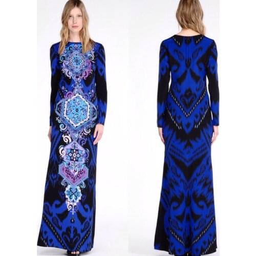 Autumn new dress longer blue printed Italian fashion knitting jersey slim dress