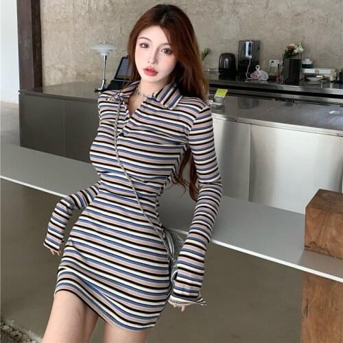 Bodycon Dress for Women Long Sleeve Turn-down Collar Striped Slim New Korean Fashion Autumn Style Dresses Female Clothes