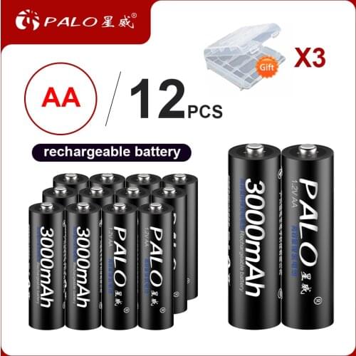 PALO 12Pcs AA Batteries NI-MH 3000Mah 1.2V aa Rechargeable Battery Batteries nimh 2A Bateria Baterias with Battery Hold Case Box