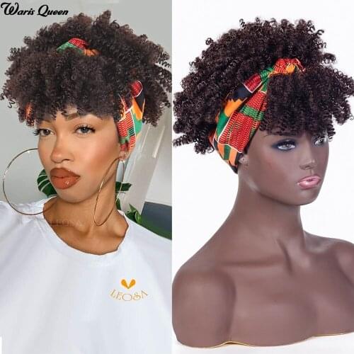 Synthetic Afro Kinky Curly Wigs Crimson Headband Heat Resistant For Black Women Short Natural Short With Bags Wig