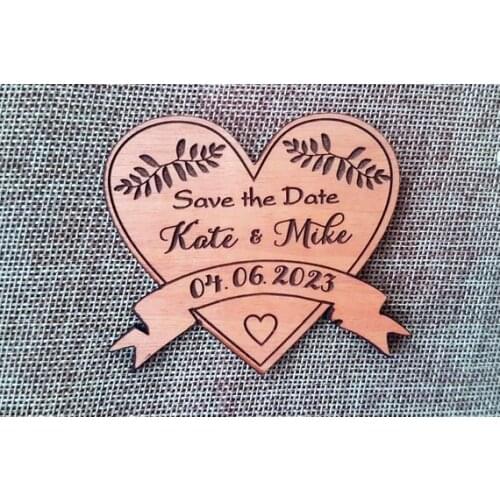 Heart save-the-date wood wedding magnet, wooden save the date engraved magnet, unique wood save the date inv