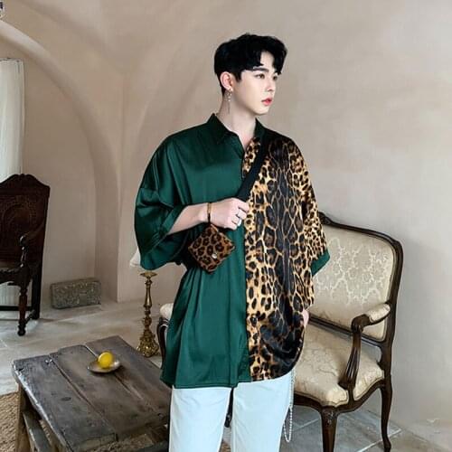 Stylist short sleeve summer patchwork mens shirt Quarter Sleeve decorated nightclub loose shirt youth Leopard Print