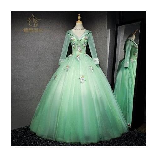 Long sleeve light green cosplay ball gown medieval dress Renaissance gown queen Victorian Gothic/Marie Antoinette/ Belle Ball