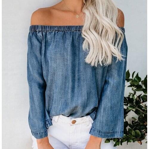 Autumn Womens Cow Top Sexy Slash Neck Off Shoulder Long Sleeve Cow Top Denim T Shirt Female Blue Loose Casual Tops Plus Size