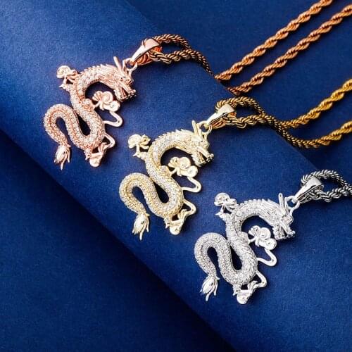 Bling Iced Out Totem Dragon Retro Pendant Full Of Cubic Zirconia Necklace For Men Women Hip Hop Jewelry Gifts