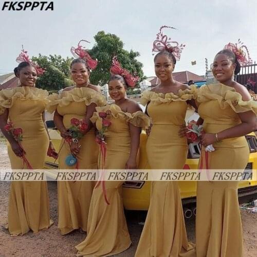 South African 2021 New Bridesmaid Dresses Mermaid Off The Shoulder Ruffles Champagne Long Maids Of Honor Party Gowns Wholesale