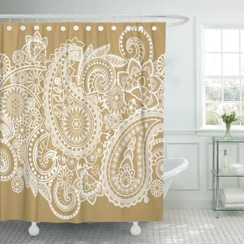 Brown Pattern Based on Traditional Asian Paisley Gold Persian Shower Curtain Polyester Fabric 60 x 72 inches Set with Hooks