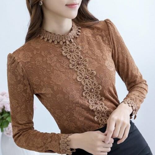 Fall Winter Casual Women Lady Long Sleeve Lace Patchwork Mandarin Collar Fleece Tee Tops Shirt , Autumn Woman 3xl Warm T Shirts