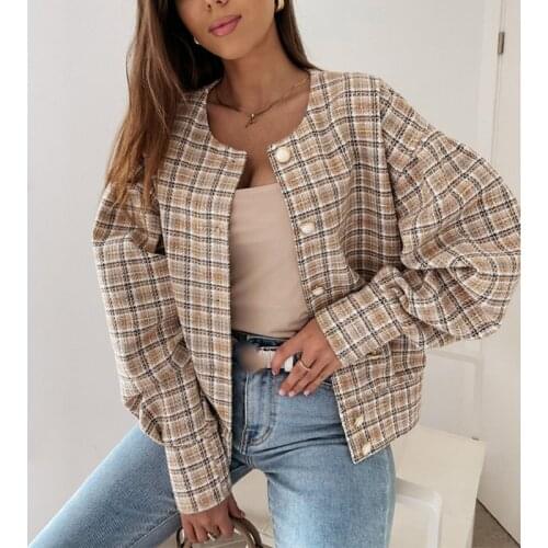 Womens Jackets Coat Plaid Print Elegant O-neck Buttons Short Jackets Female Autumn 2021 Vintage Korean Little Fragrant Coats
