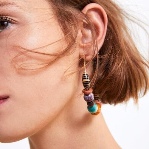 Colorful Stone Drop Earrings for Women Multi Wooden Beads Exaggerated Vintage Bohemian ZA New Dangle Earrings ET1047