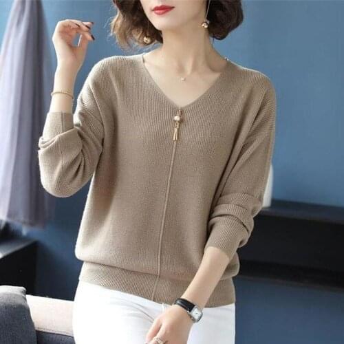 Women Sweater Solid Color V-neck Casual Jumper Fashion Knitted Pullover Spring Autumn Plus Size Sweater Female Clothes Y663