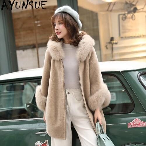 AYUNSUE Real Fur Coat Female Fox Fur Collar Hooded Autumn Winter Jacket Women Clothes Korean Manteau Femme Hiver 2021 KJ6436