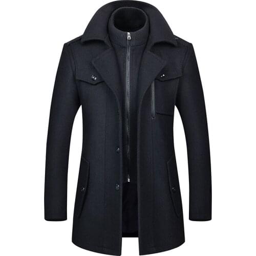 2021 Hot New Mens Double Collar Wool Jacket Slim Fit Mid Long Overcoat Zipper Lapel Trench Long Sleeve Versatile Temperament