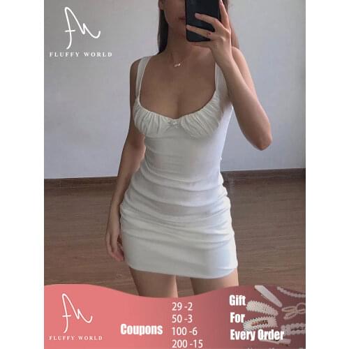 2021 Summer Sleeveless Solid Color Bodycon Sexy Mini Dress Fashion Ruched Bodycon Party Club wear Dresses for Women FLUFFY WORLD