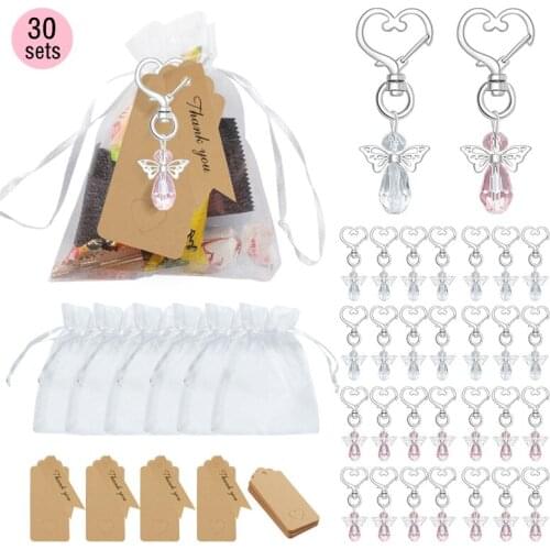 30Sets Key Buckle Angel Keychain Organza Bags Baby Baptism Souvenir Wedding Favours Pendant Christmas Gift for Guests