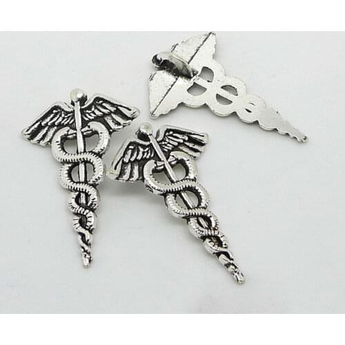 30pcs Ancient Greek God Scepter Winged Snake Charm Silver Color Pendant Fit Diy Handmade Finding Jewellery Making Accessories