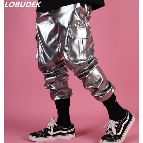 Tide Men Singer Silver Harem Pants Long Pants Dancer HIP HOP Rock Dance Performance Costume Nightclub Stage Show Pencil Pants