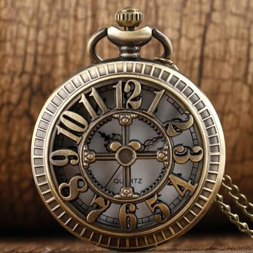 New Steampunk Retro Hollow Pocket Watches Big Numbers Pattern Quartz Pocket Watches with Necklace Chain Gift Mens Womens Boys