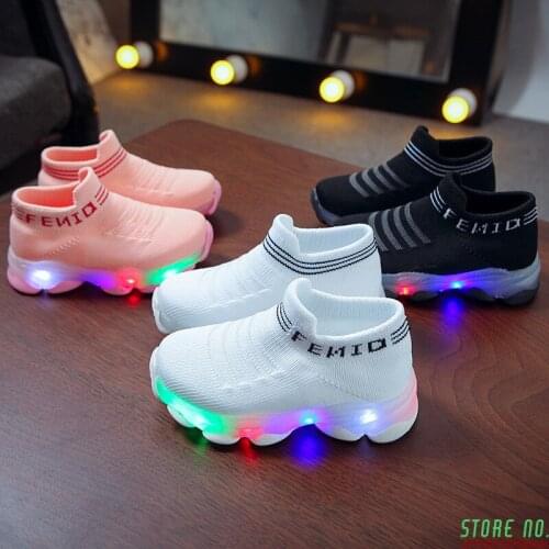 Kids Sneakers Children Baby Girls Boys Letter Mesh Led Luminous Socks Sport Run Sneakers Shoes Sapato Infantil Light Up Shoes