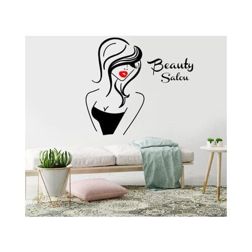 Beauty Salon Wall Sticker Beautiful Lady Hairdresser For Ladys Red Lips Vinyl Makeup Sticker Hair Hairdo Barbers Decal