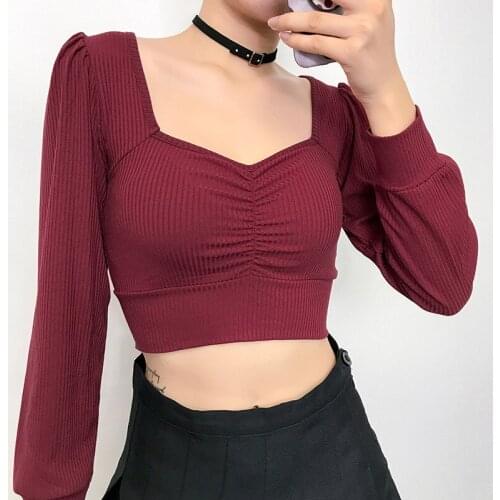 NORMOV Fashion Women Tops Vintage Pleated Square Collar Lantern Long Sleeve Knit T Shirt Silm Solid Elegant Female Tops
