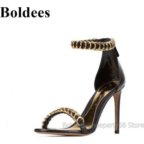 Fashion Golden Circle Decor One Belt Designer High Heel Black Sandals Woman Summer Concise Dress Shoes