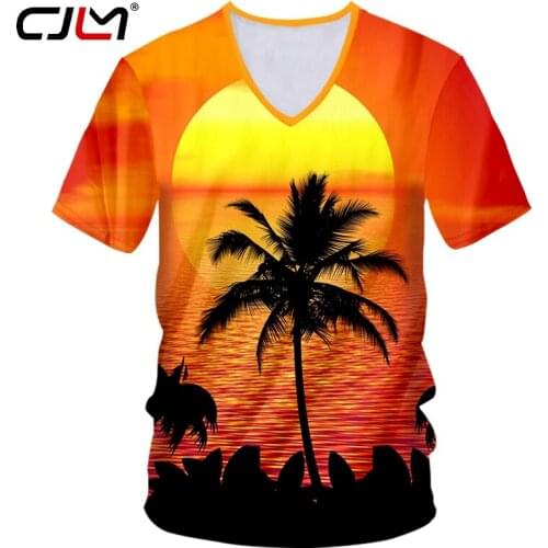 CJLM Man Short Sleeve Tshirt 3D Printed Coconut tree Couple Clothing Best Selling Mens V Neck T Shirt Sunset Drop Shipping