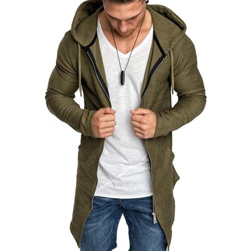 Jackets Men Zippered Hooded Pocket Mid-Length Outwear Coat Jacket Cardigan