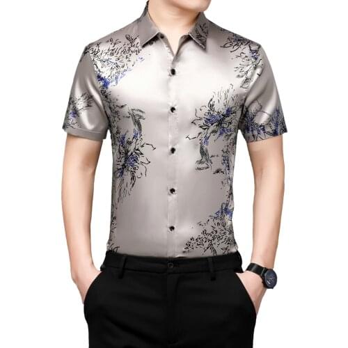 New Mens Leisure Silk Shirt Summer Floral Printed Streetwear Short Sleeve Satin Clothes Male Silk Dress Shirt